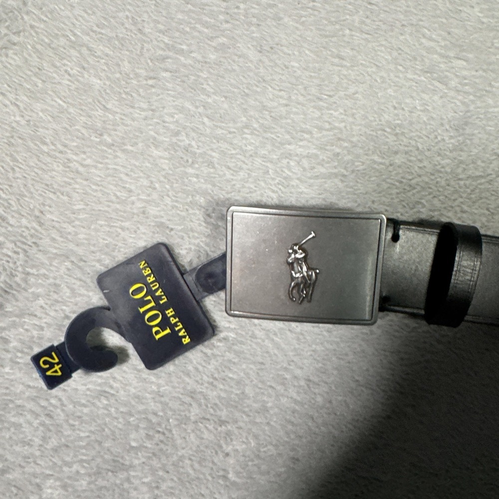 Polo Ralph Lauren Belt Mens 42 Black Leather Plaque Buckle Polo Pony Logo